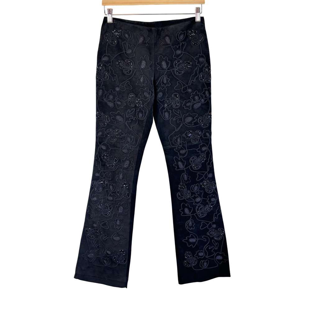 NEW VINTAGE bebe Black Suede Beaded Floral Low Rise Flare Pants Size 4 Y2K